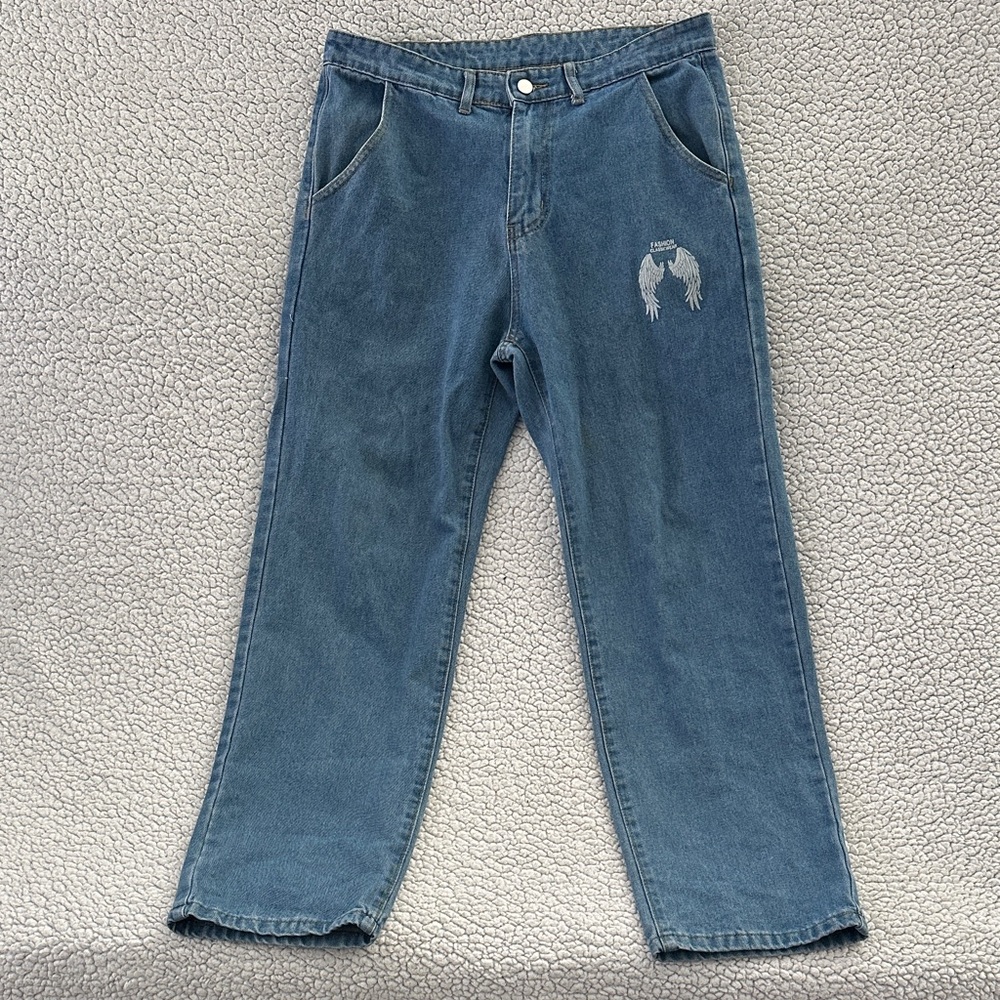 SHEIN Relaxed Fit Blue Jeans with Embroidered Detail